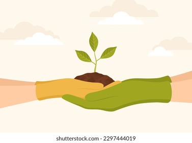 Hands of an adult and a child in rubber gloves holding a seedling in the soil in their palms, side view. Vector illustration in flat style