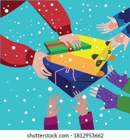 The hands of an adult hold gifts, and children's hands reach for them