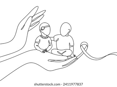 The hands of an adult protect children with cancer. Protection and assistance. Saving the lives of young patients. Images produced without the use of any form of AI software at any stage. 