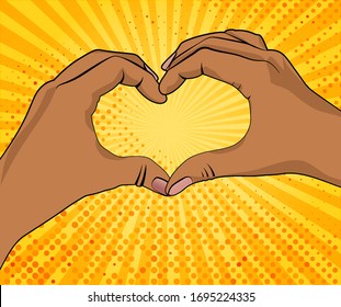 Hands of African American woman in heart shape on rays bright yellow background as pop art style. Template for inscriptions. Vector illustration