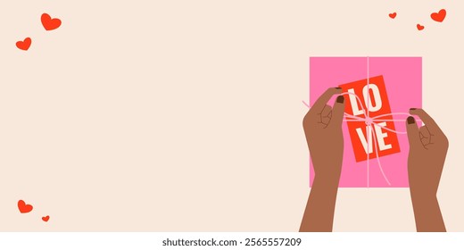 Hands of African American woman holding gift. Vector background with copy space for text for Valentine's Day, romantic cards or designs
