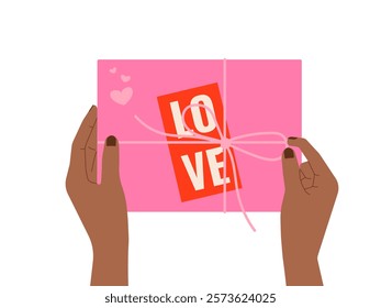 Hands of African American woman holding gift. Vector background for Valentine's Day, romantic cards or designs