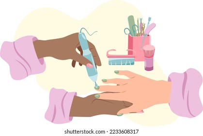 Hands of African nail technician doing apparatus manicure to Caucasian woman in flat style