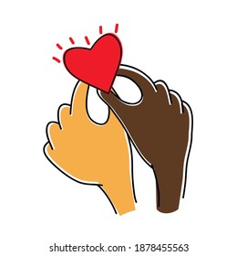 Hands of an African-American and a light-skinned man or woman hold a heart.