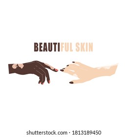 Manos con manchas de edad o vectores aislados de vitiligo. Gestos manuales con enfermedad genética de la piel. Manos de la mujer con manicura