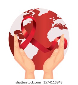 hands with aids day awareness ribbon and planet earth vector illustration design