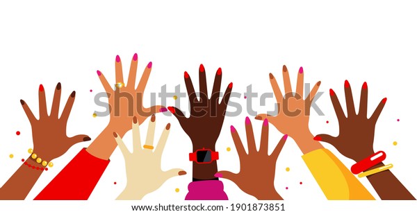 Hands up in the\
air. Collection of female multi-ethnic hands. Women reach up, vote,\
wave, greet. Various kind of jewelry: rings, watches, bracelets.\
Concept of voting,\
judging