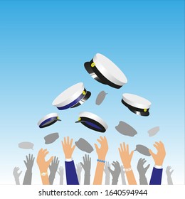 Hands in the air, happy graduation students throwing their caps. Celebrating "Studenten", the finish from Gymnasium. Traditional Swedish graduation caps. Blue and black ribbons. Vector Illustration