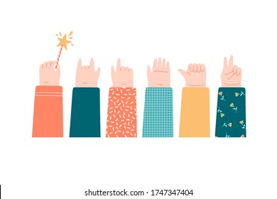 Hands up in the air showing gestures isolated on white. Like, dislike, high five, hand holding stick, palm, peace, sign of the horns. Colorful casual printed sleeves. Flat cartoon vector illustration.