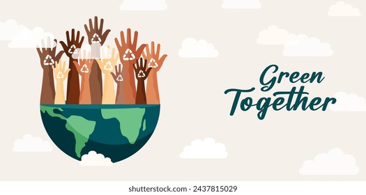 Hands in the air together , environment care working together concept ecology and nature green icons set on white vector