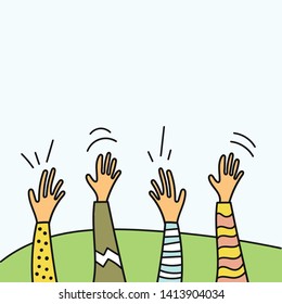 Hands In The Air, Hands Up, High Five, Applause, Hello. Hand Drawn Vector Illustration. Comic Or Cartoon Style