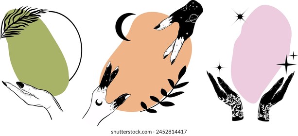 Hands alchemy frame set in boho style. Geometric background. Vector minimal illustration