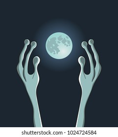 Hands of an alien hugging a moon. Vector illustration