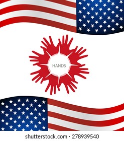 Hands and american flag, vector illustration.