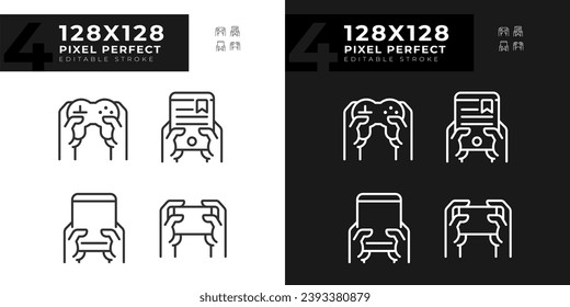 Hands with amusing gadgets pixel perfect linear icons set for dark, light mode. Digital devices for entertainment. Thin line symbols for night, day theme. Isolated illustrations. Editable stroke