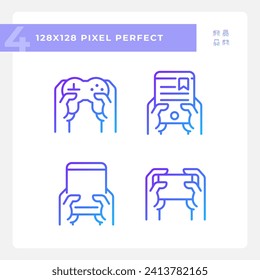 Hands with amusing gadgets pixel perfect gradient linear vector icons set. Digital devices for entertainment. Thin line contour symbol designs bundle. Isolated outline illustrations collection