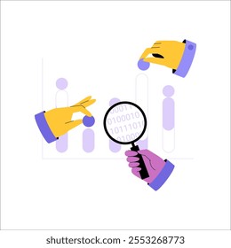 Hands Analyzing Data Through Magnifying Glass In Flat Vector Illustration Symbolizing Research, Data Insights, And Investigation, Isolated On White Background.