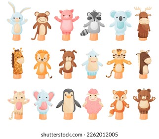 Hands animal puppets set. Lion, giraffe, monkey, kitten puppy, elephant, horse, bear, sheep animal dolls on hands cartoon vector