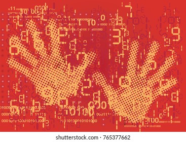 Hands ans grunge digital numbers and binary codes.
Red Abstract background  destroyed binary codes and human hands in a defensive position. Vector available.