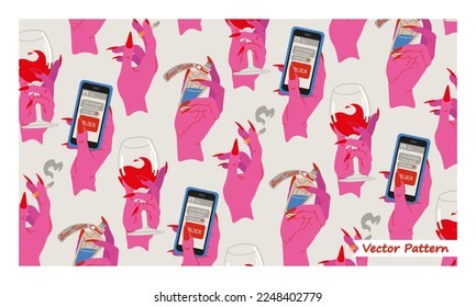 Hands anti love seamless pattern  Bad Valentines Day concept print  Pink   Red elements in trendy tattoo style  Glass wine  cigarette  tears  break up  lonely mood  Vector Illustration 