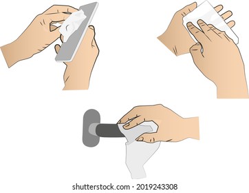 hands with antibacterial and sanitizing wipes cleaning various surfaces, a telephone, the hand or a doorknob to eliminate viruses such as coronavirus or covid-19