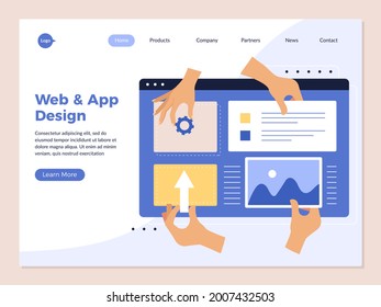Hands app programming landing. Design studio ui application creation creative processes human hands holding interface geometrical ellements recent vector web page template
