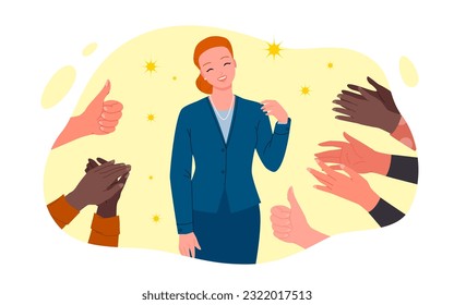 Hands applaud and congratulate confident female employee with good job vector illustration. Cartoon people clap and cheer happy businesswoman, office workers appreciate achievement of hero manager