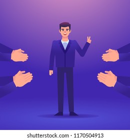 Hands applauding to cheerful businessman. Success, get appreciation, rate. Colorful design vector illustration