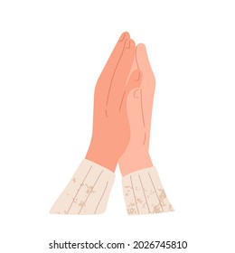 Hands applauding and clapping, expressing bravo. Prayer palms folded together and praying. Gesture of respect, admiration and support. Flat vector illustration of applause isolated on white background