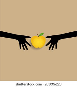 Hands and apple, vector illustration.