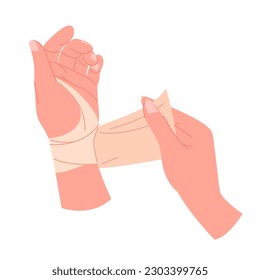 Hands apply elastic bandage on arm infographic vector illustration. Cartoon isolated arms wrap bandaid over broken injured wrist to fix and heal pain of trauma after injury or accident damage