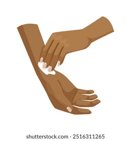 Hands applying cream on arm. Vector illustration