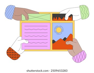 Hands applying elements onto webpage cartoon illustration. Creating app through graphical user interface. No code development linear 2D vector image, white background. Editable colorful flat clipart