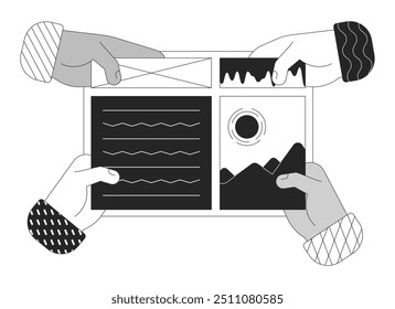 Mãos aplicando elementos na ilustração do contorno da página da Web. Criando aplicativo por meio da interface gráfica do usuário. Nenhum desenvolvimento de código isolado imagem vetorial 2D preto e branco. clip-art de desenho monocromático