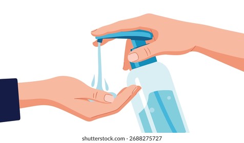 Mãos aplicando refrescante sanitizer para proteção da higiene contra germes e vírus no fundo branco