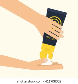 Hands applying sunscreen. Vector illustration for using spf sunblock cream from plastic container. Skin cancer protection. Flat style