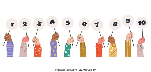 Hands arm hold number score judge jury count sign isolated set. Vector graphic design element illustration