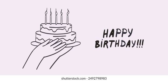 Hands or arms hold birthday party cake with candles and make a wish. Anniversary vector illustration for greeting card, postcard, placard, party invitation. Line doodle drawing of people celebrating.