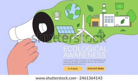 Hands or arms hold loudspeaker. Ecological awareness, green sustainable energy, ESG, or ecological industry production concept. Environmental, Social, Corporate Governance vector illustration banner.