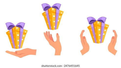 Manos brazos sosteniendo la caja de regalo concepto de conjunto aislado. Ilustración de Diseño gráfico plano de Vector