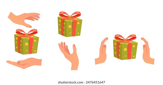 Manos brazos sosteniendo la caja de regalo concepto de conjunto aislado. Ilustración de Diseño gráfico plano de Vector