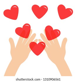 Hands arms holding red shining heart shape sign set. Close up body part. Happy Valentines day. Greeting card. Love soul gift concept Flat design style. White background. Isolated. Vector illustration