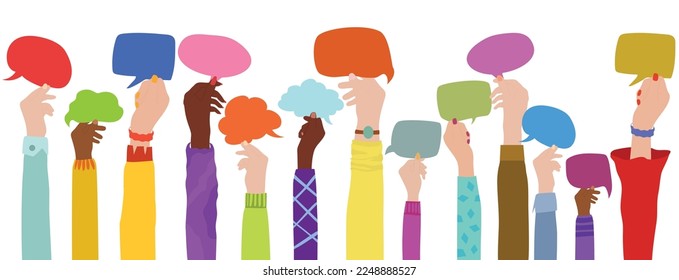 Hands and arms raised by multicultural business people holding colourful speech bubbles as if in a speech bubble contest. Work occupations and employment in the workplace. Flat vector illustration