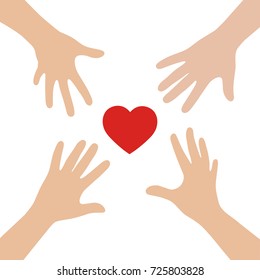 Hands arms reaching to each other red shining heart shape sign. Helping hand.