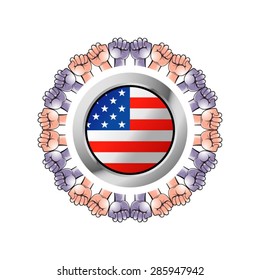 hands around American flag button in color