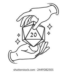 Manos alrededor de D20 dice que flotando en el aire. Ilustración vectorial en estilo de esquema