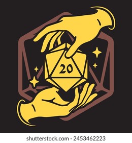 Hands Around D20 Dice That Floating in the Air. Vector Illustration in Silhouette Style