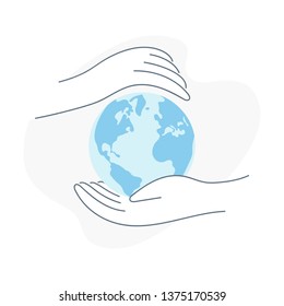 Hands around the Earth, environmental protection, hands take care about ecology, nature protection. Let's save our planet earth concept. Flat outline vector icon illustration on white.