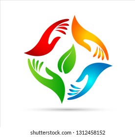 Hands around green leaf logo
