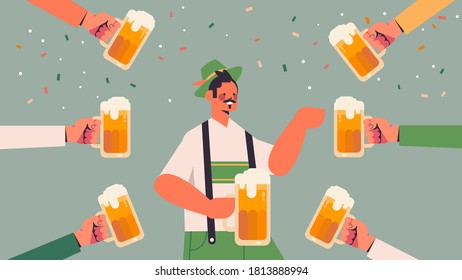 hands around man holding beer mugs Oktoberfest party celebration concept guy wearing german traditional clothes portrait horizontal vector illustration